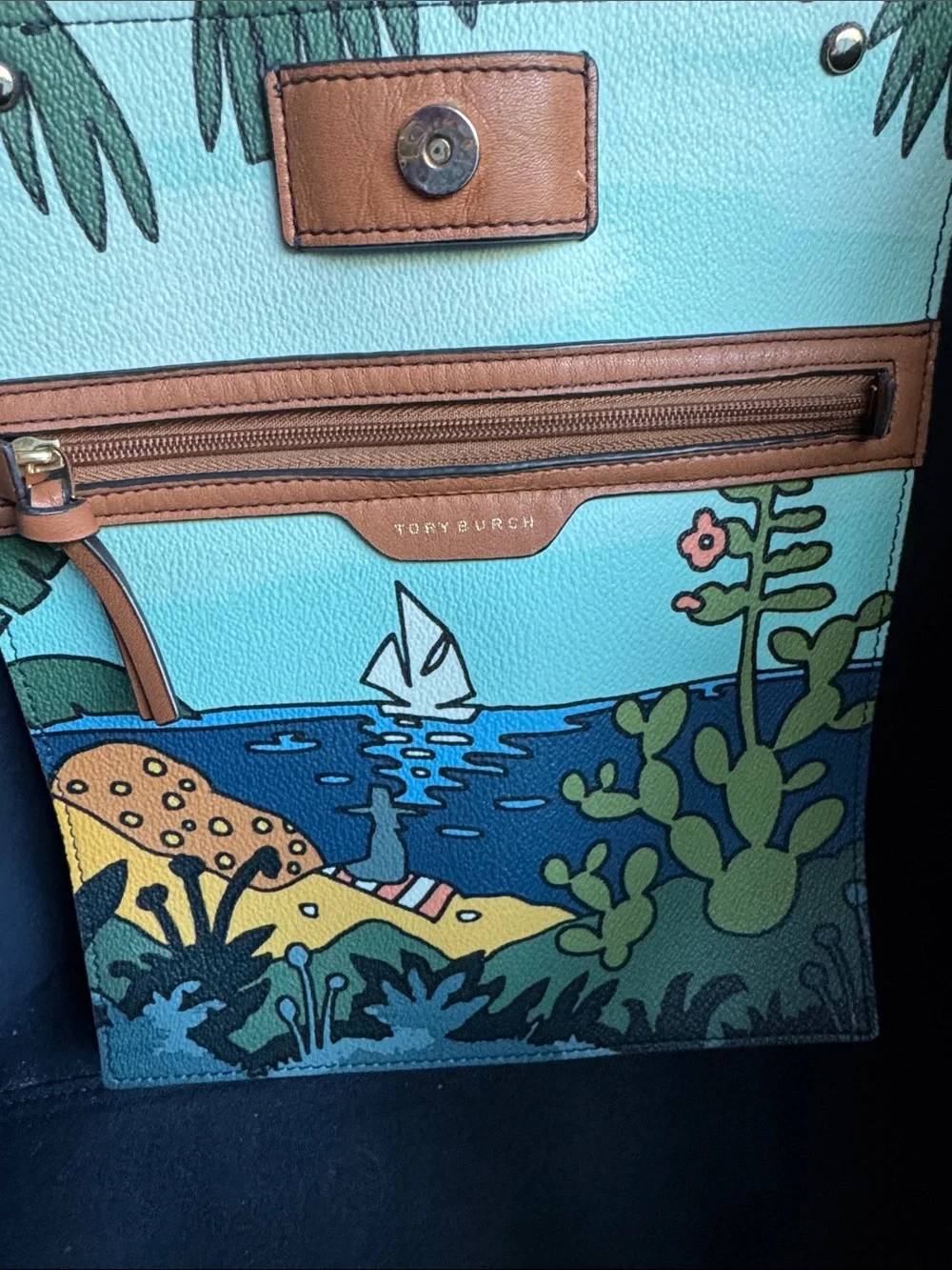 Tory Burch Kerrington Blue Parrot Tote with Brown Leather Handles